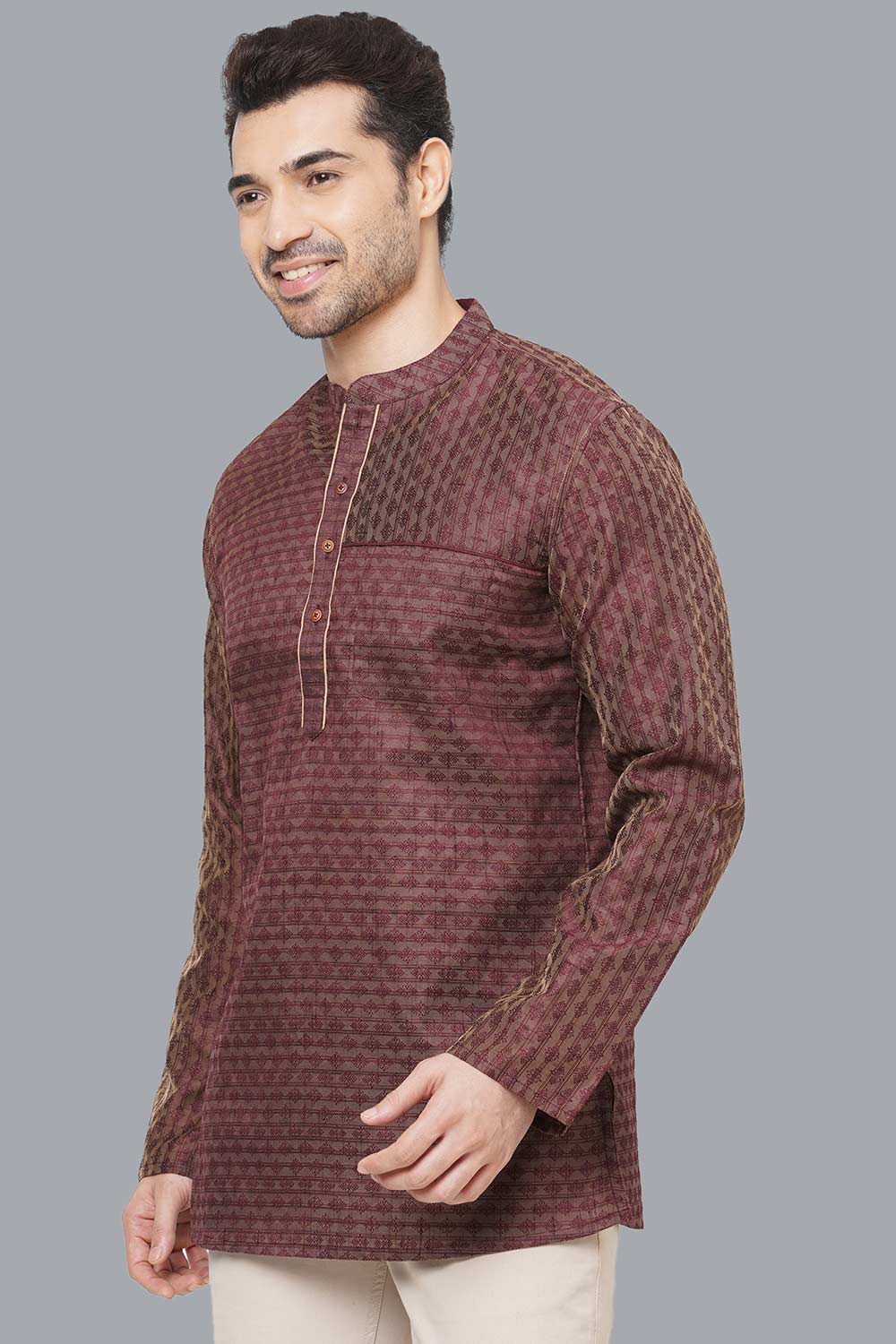 Men's Brown Banarasi Jacquard Short Kurta