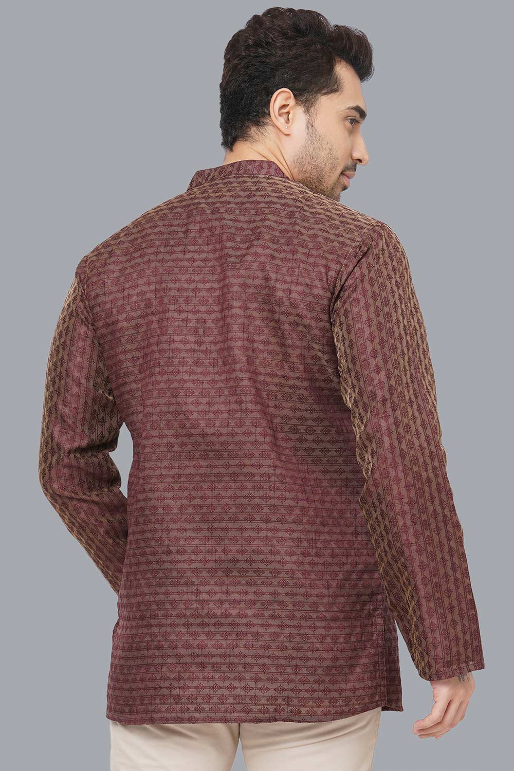 Men's Brown Banarasi Jacquard Short Kurta