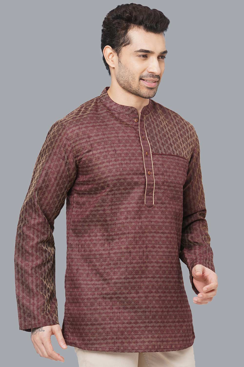 Men's Brown Banarasi Jacquard Short Kurta