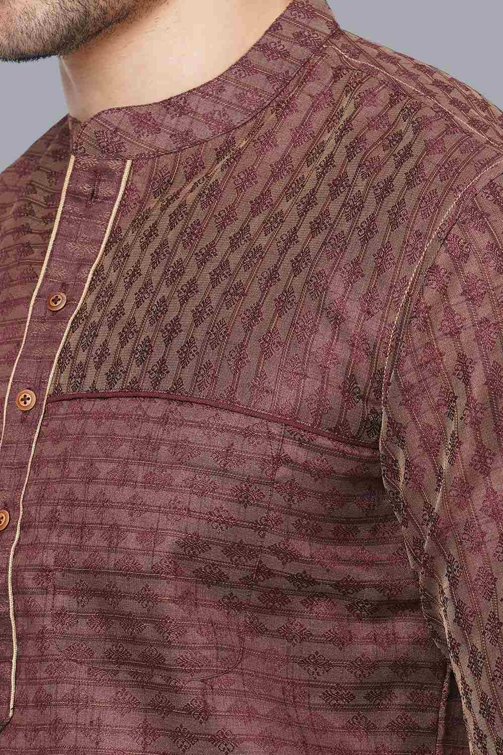 Men's Brown Banarasi Jacquard Short Kurta