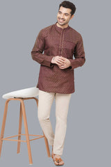 Men's Brown Banarasi Jacquard Short Kurta