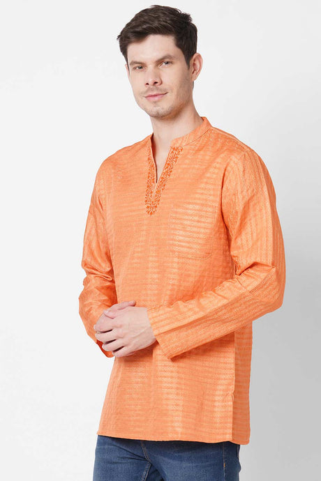 Men's Saffron Weave Embroidery Short Kurta