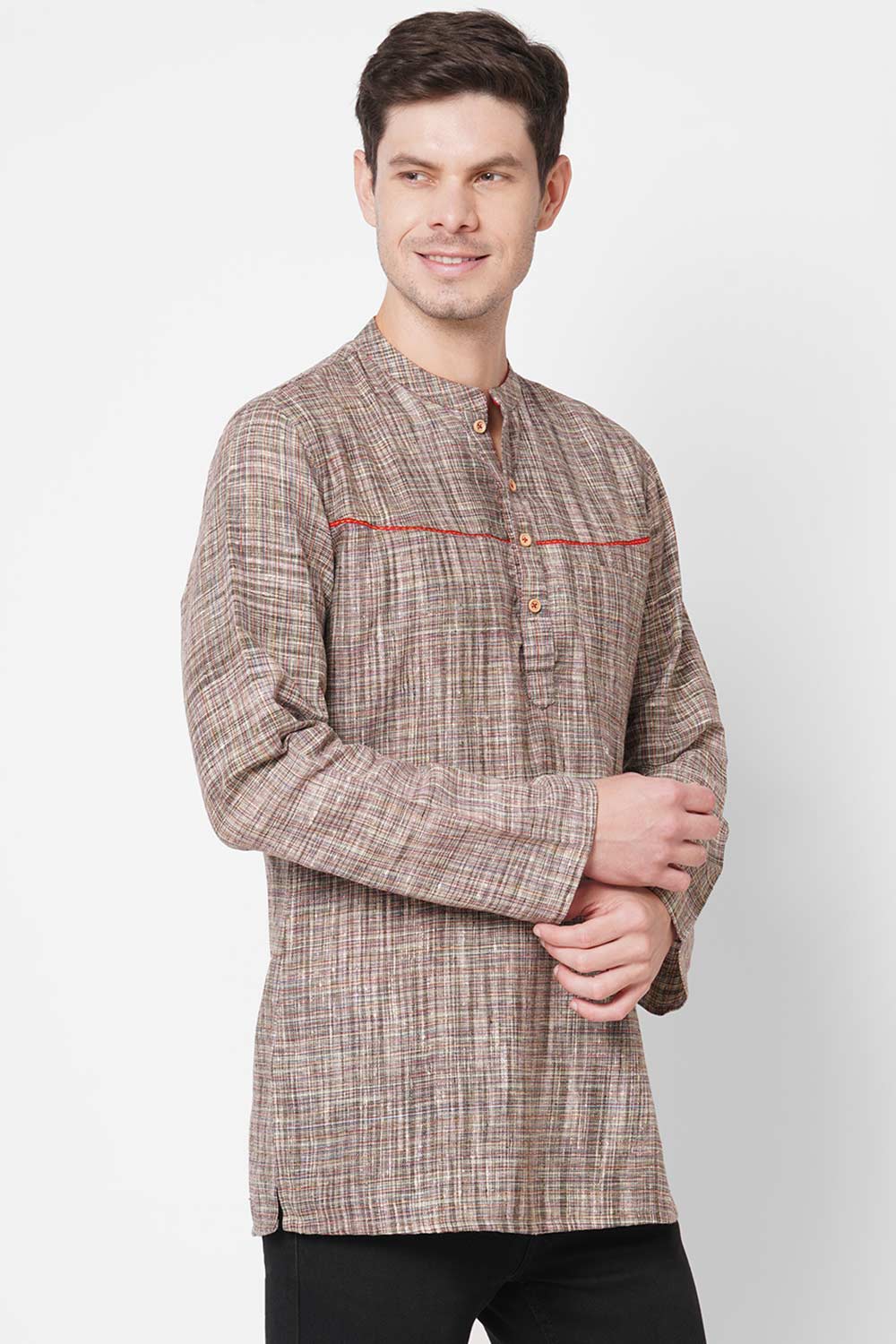 Men's Green Khadi Cotton Multicolored Embroidery Short Kurta