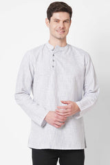 Men's White Handloom Broken Checks Short Kurta