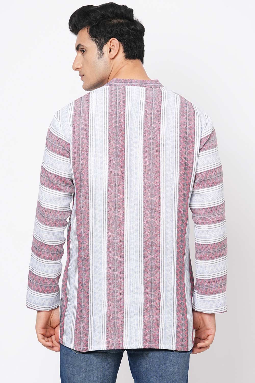 Men's White Cotton Handloom Red Stripes Short Kurta