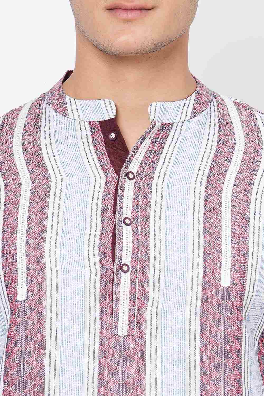 Men's White Cotton Handloom Red Stripes Short Kurta