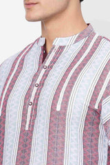 Men's White Cotton Handloom Red Stripes Short Kurta