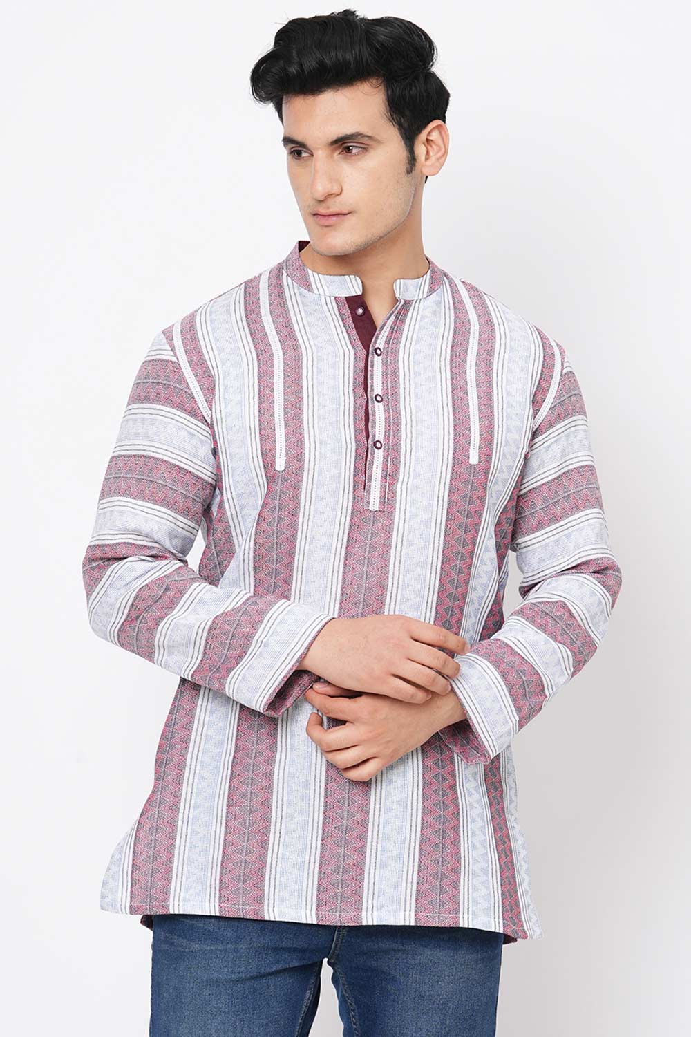 Men's White Cotton Handloom Red Stripes Short Kurta