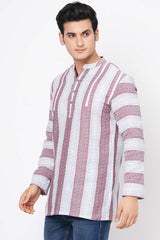 Men's White Cotton Handloom Red Stripes Short Kurta