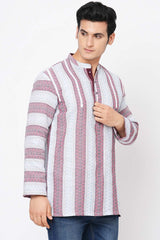 Men's White Cotton Handloom Red Stripes Short Kurta