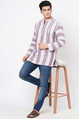 Men's White Cotton Handloom Red Stripes Short Kurta