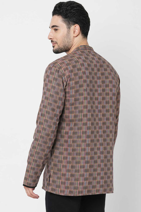 Men's Multi Colour Cotton Handloom Weave Pattern Short Kurta