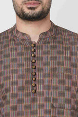 Men's Multi Color Cotton Handloom Weave Pattern Short Kurta