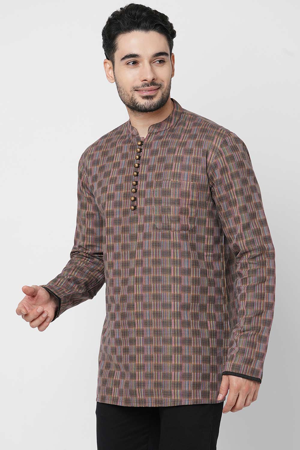 Men's Multi Color Cotton Handloom Weave Pattern Short Kurta