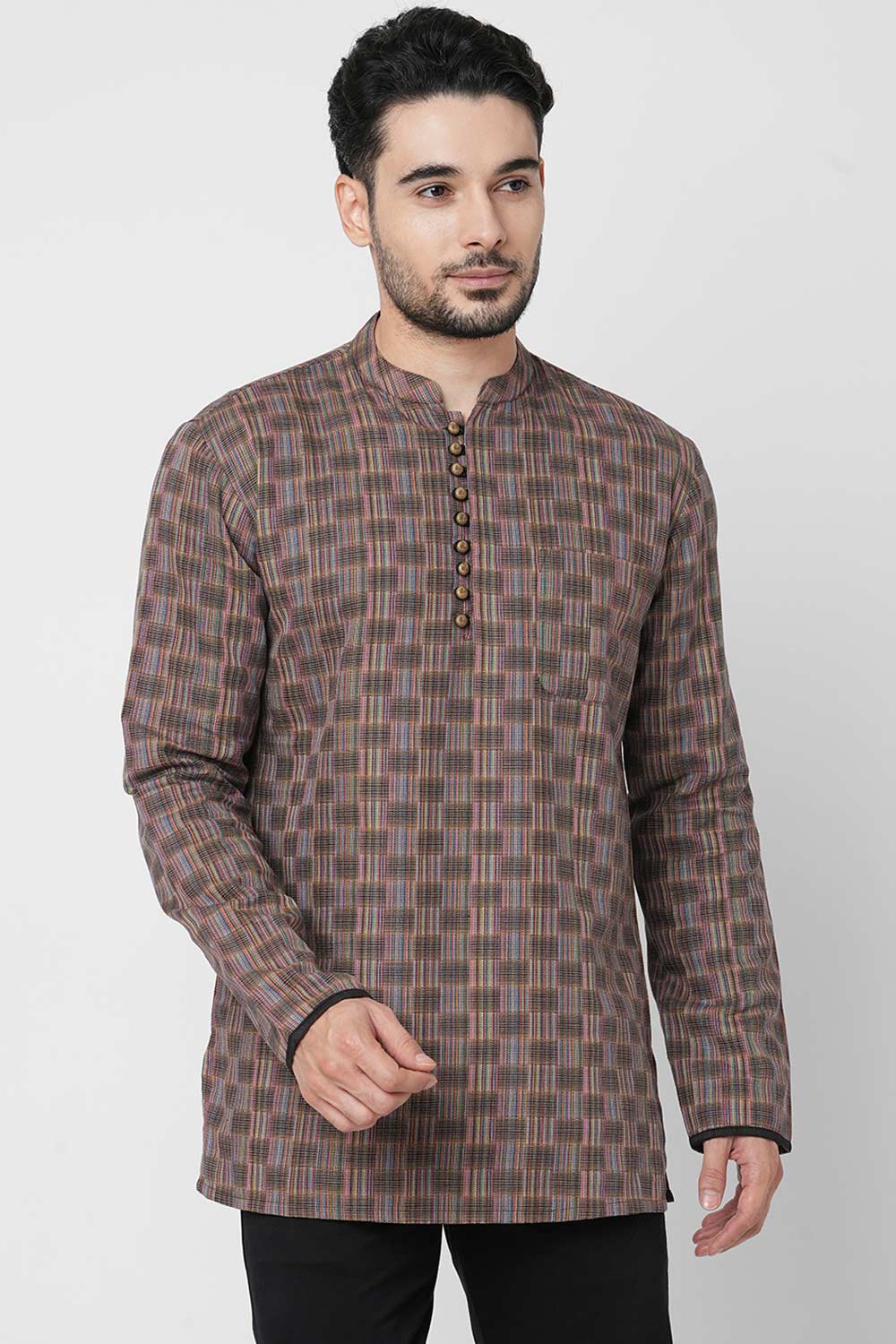 Men's Multi Color Cotton Handloom Weave Pattern Short Kurta