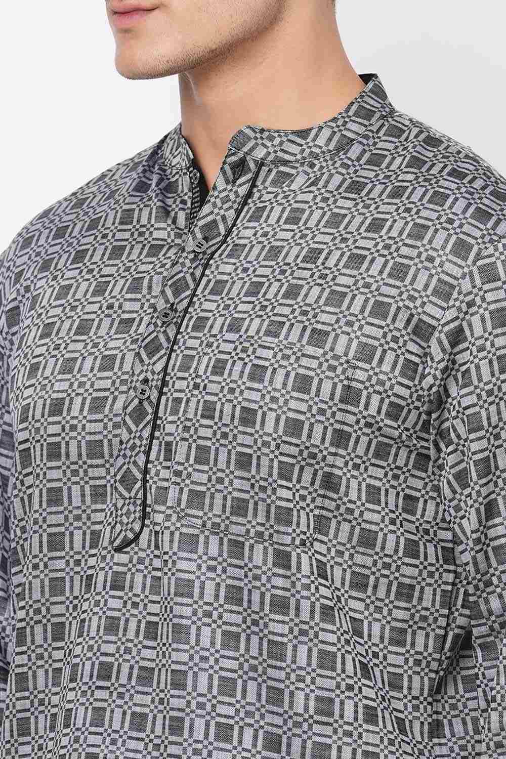 Men's Black And Grey Cotton Checks Short Kurta