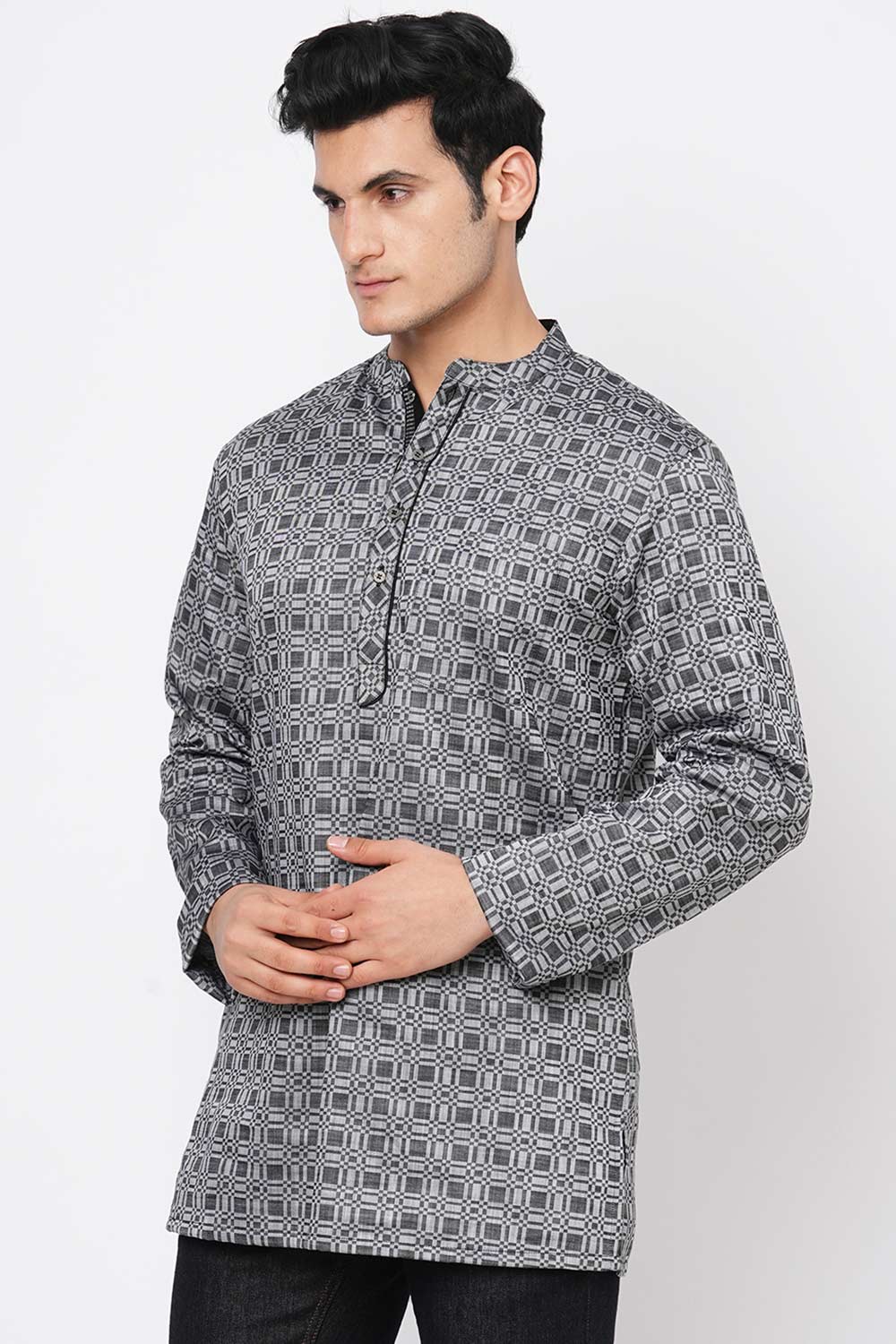 Men's Black And Grey Cotton Checks Short Kurta