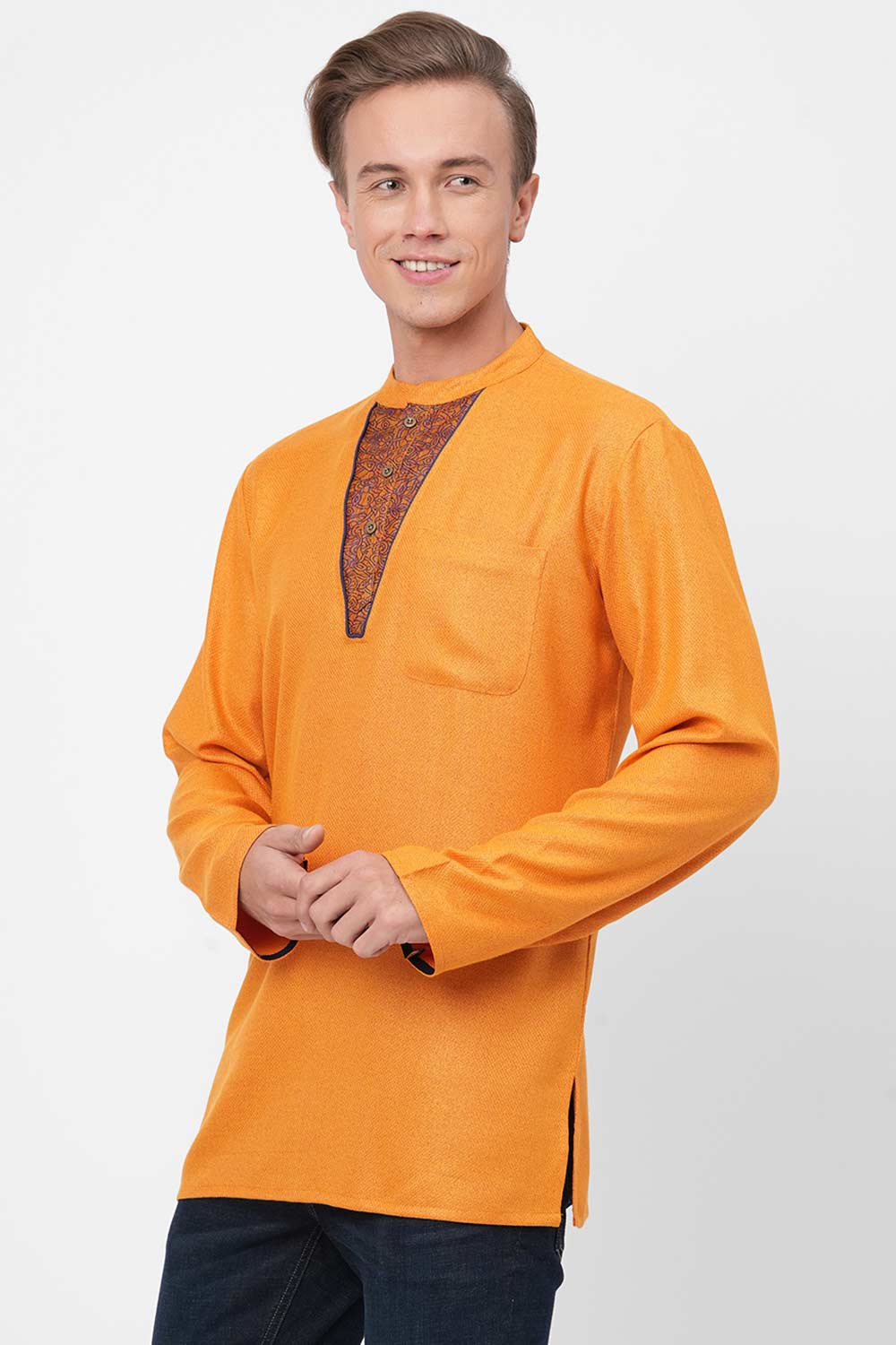 Men's Golden Banarsi Yoke Short Kurta