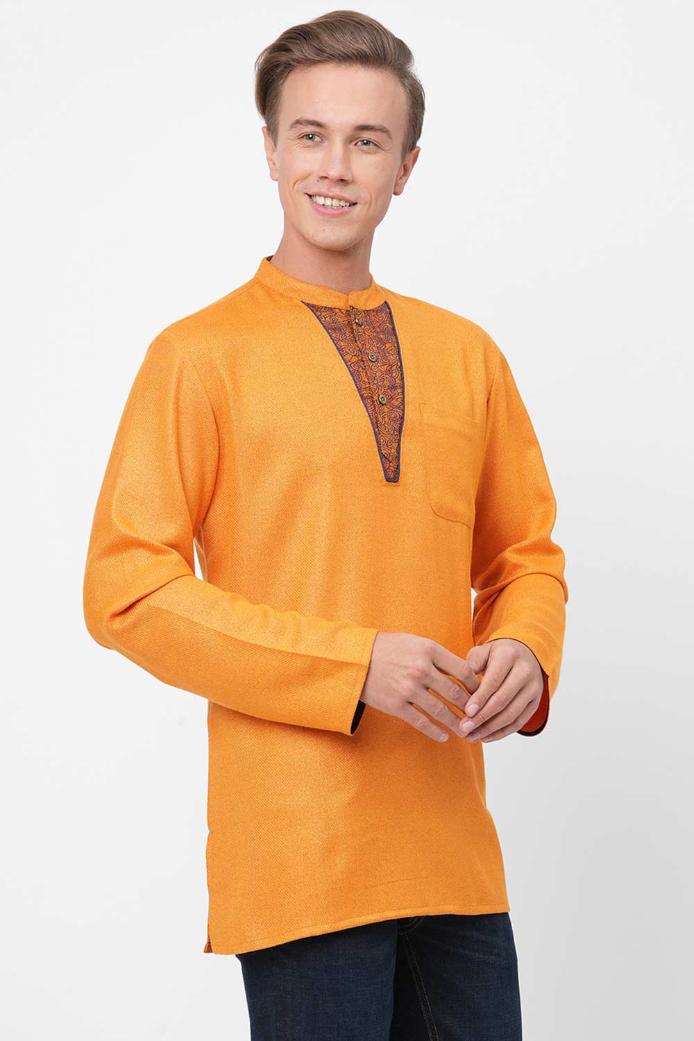 Men's Golden Banarsi Yoke Short Kurta