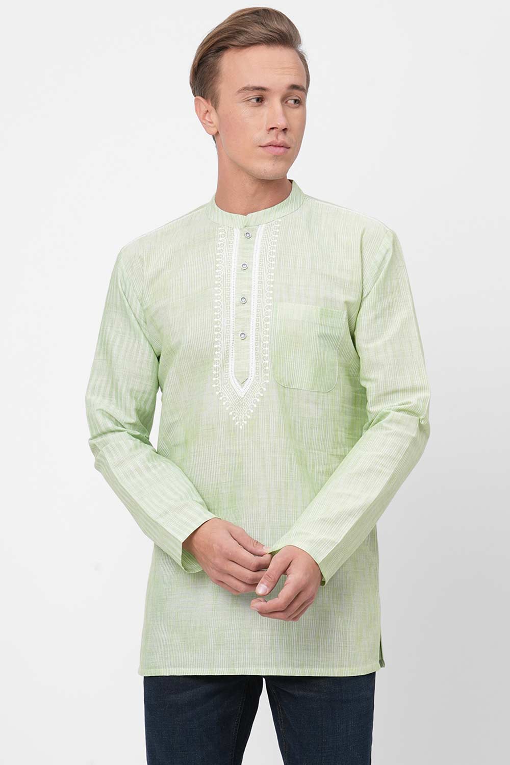 Men's Sea Green Handloom Stripes Short Kurta