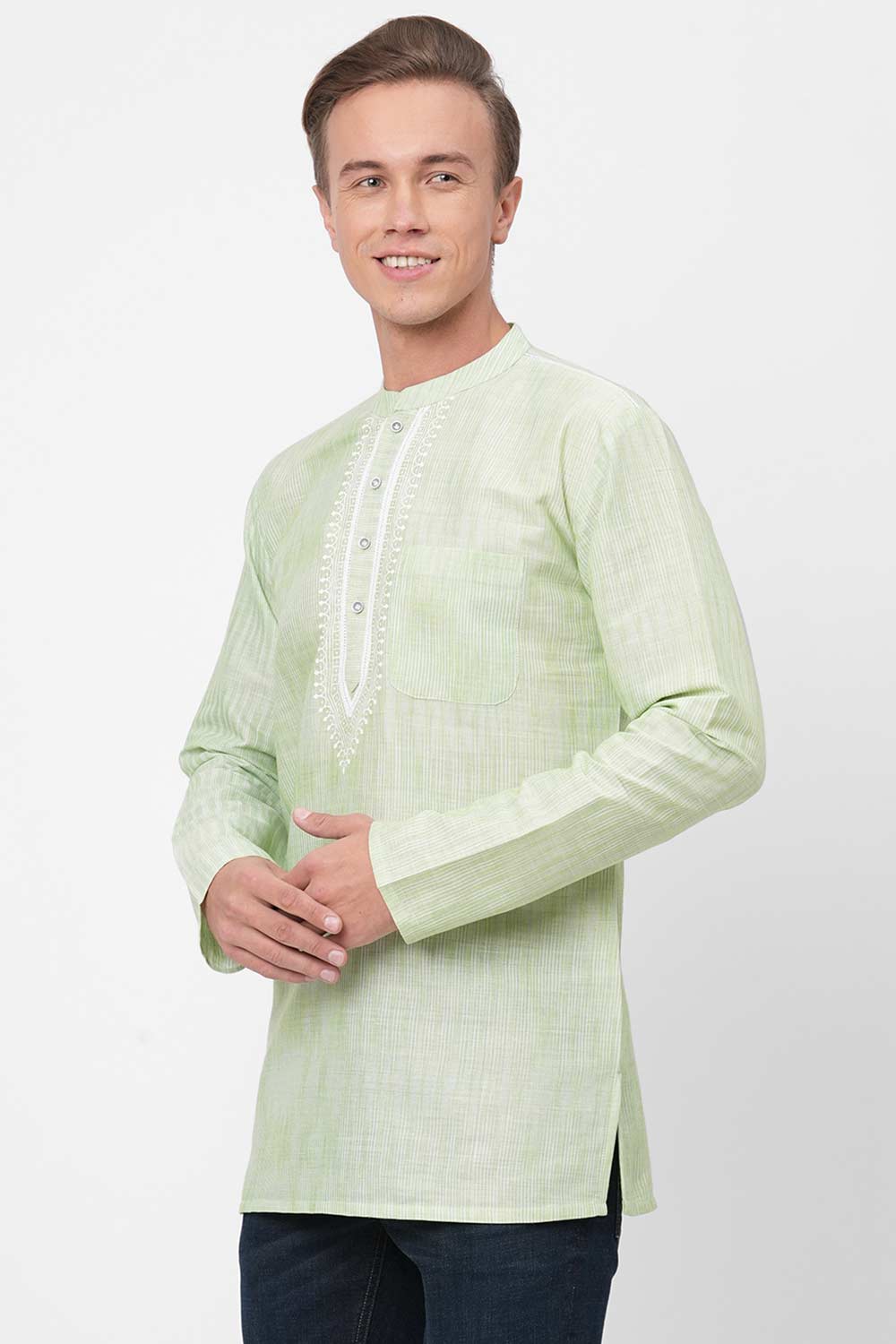 Men's Sea Green Handloom Stripes Short Kurta