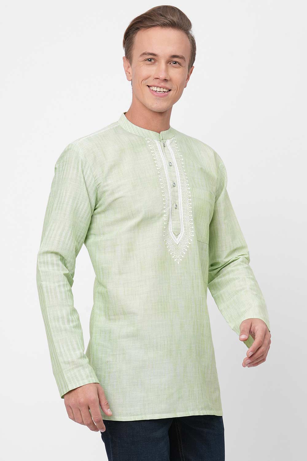 Men's Sea Green Handloom Stripes Short Kurta