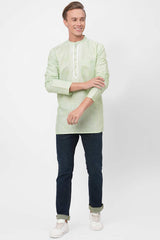 Men's Sea Green Handloom Stripes Short Kurta