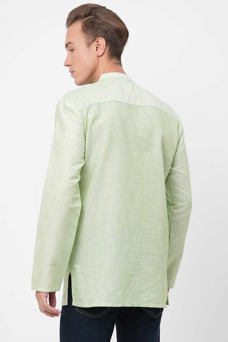 Men's Sea Green Handloom Stripes Short Kurta
