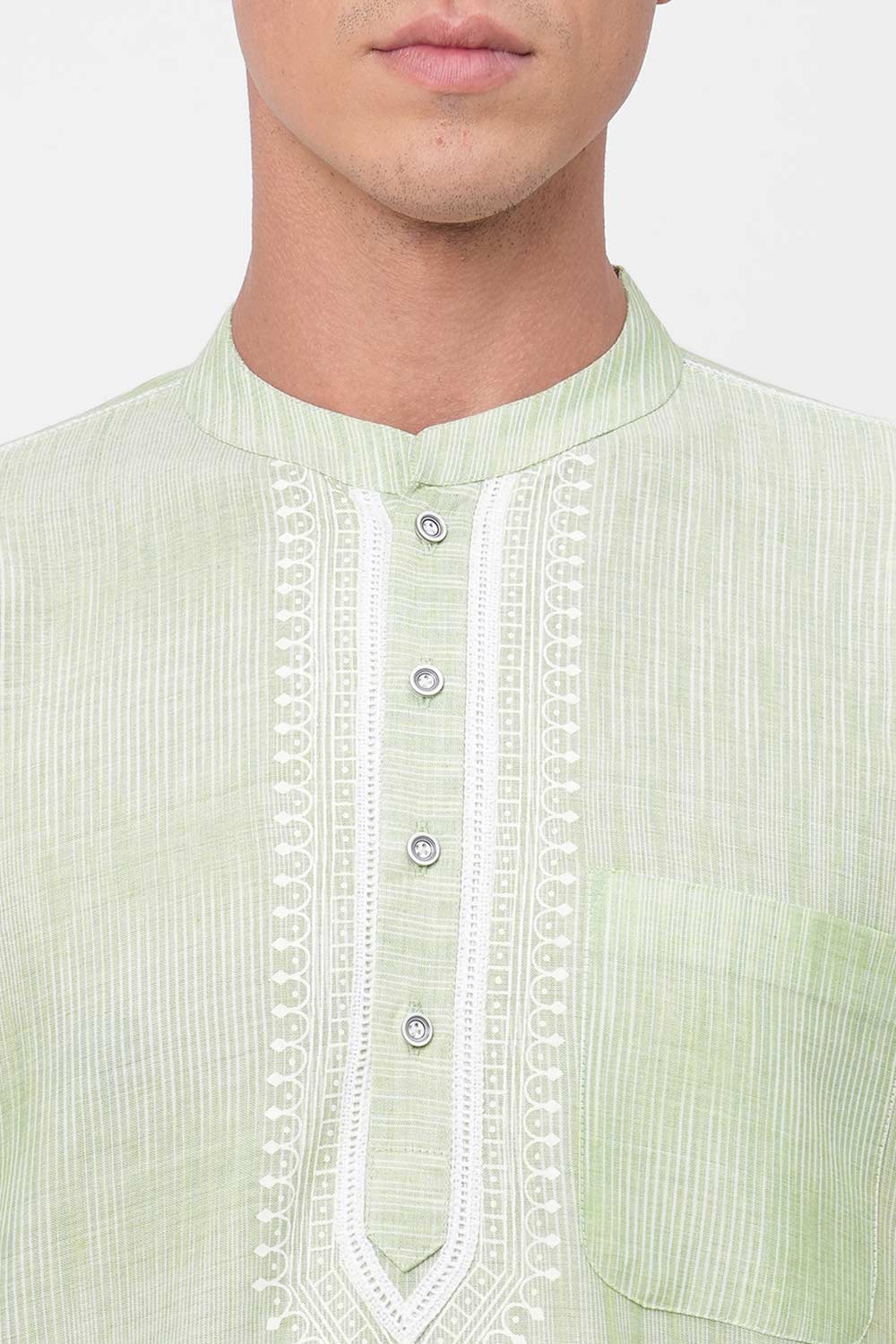 Men's Sea Green Handloom Stripes Short Kurta