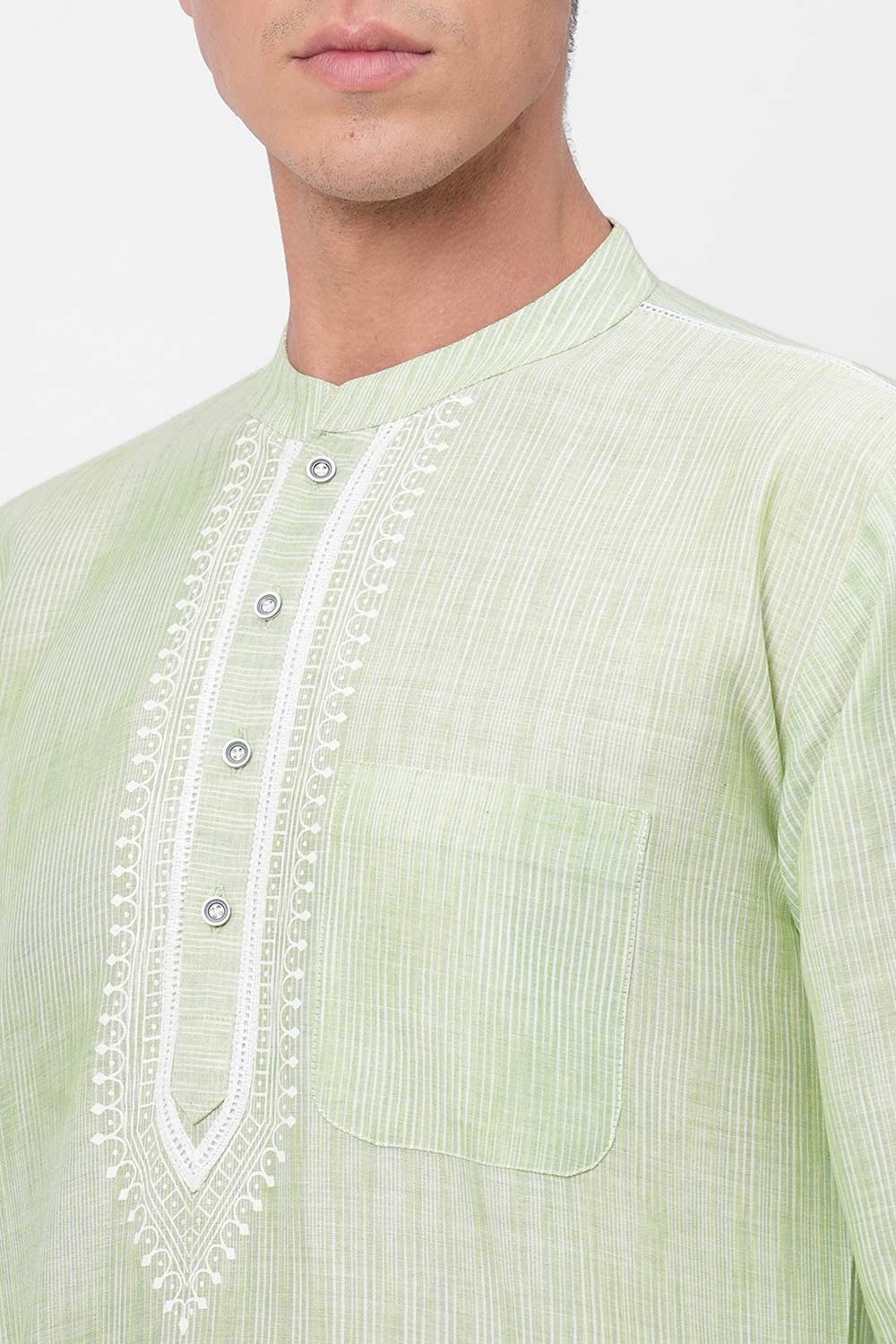 Men's Sea Green Handloom Stripes Short Kurta