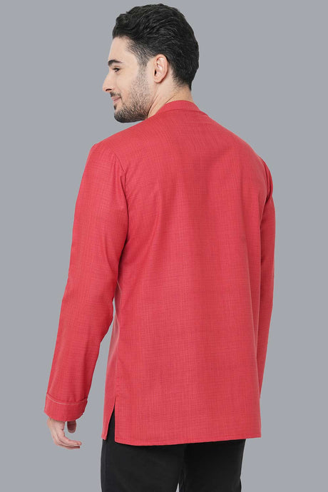 Men's Red Weave Checks Neck Embroidery Short Kurta