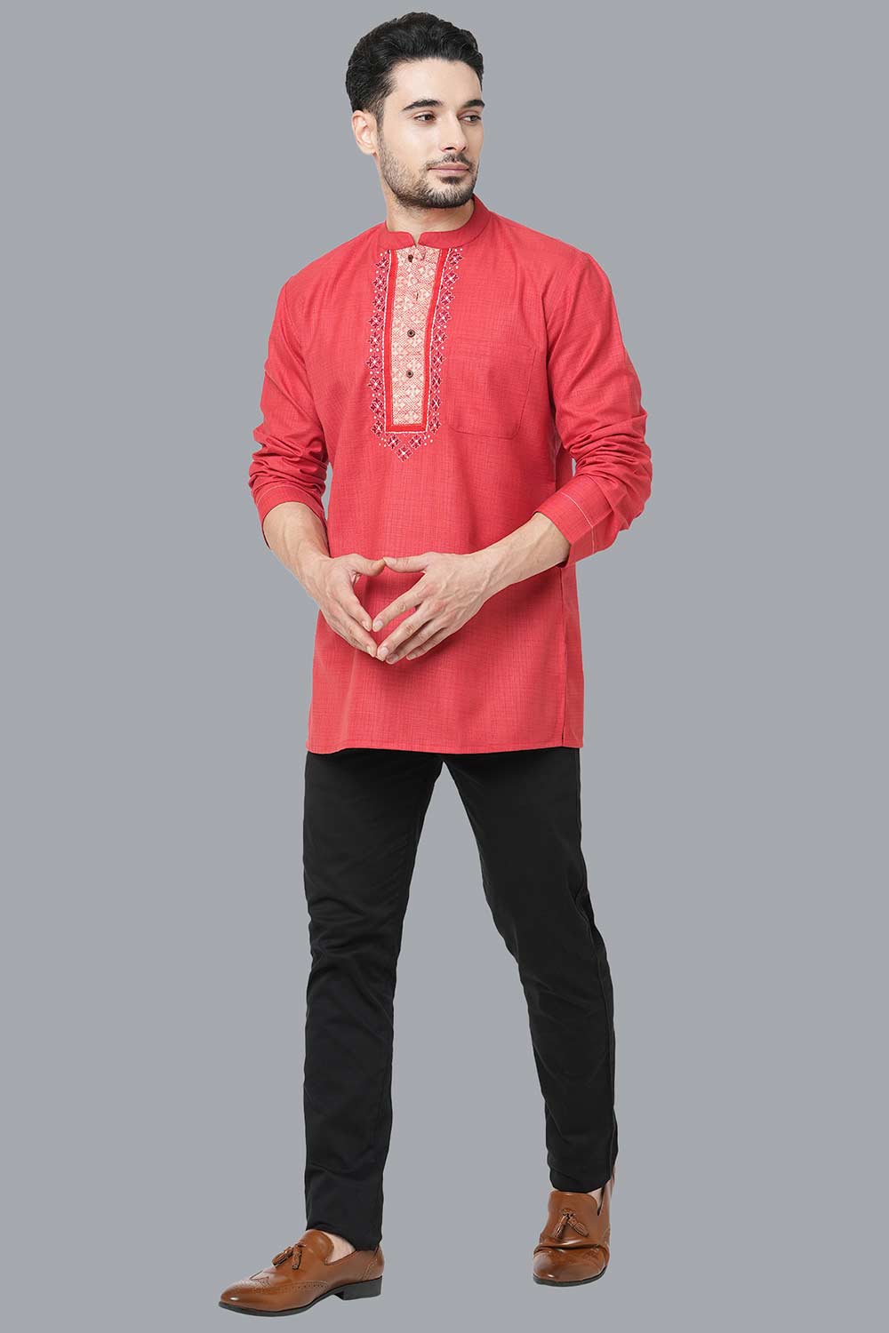 Men's Red Weave Checks Neck Embroidery Short Kurta