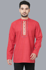 Men's Red Weave Checks Neck Embroidery Short Kurta