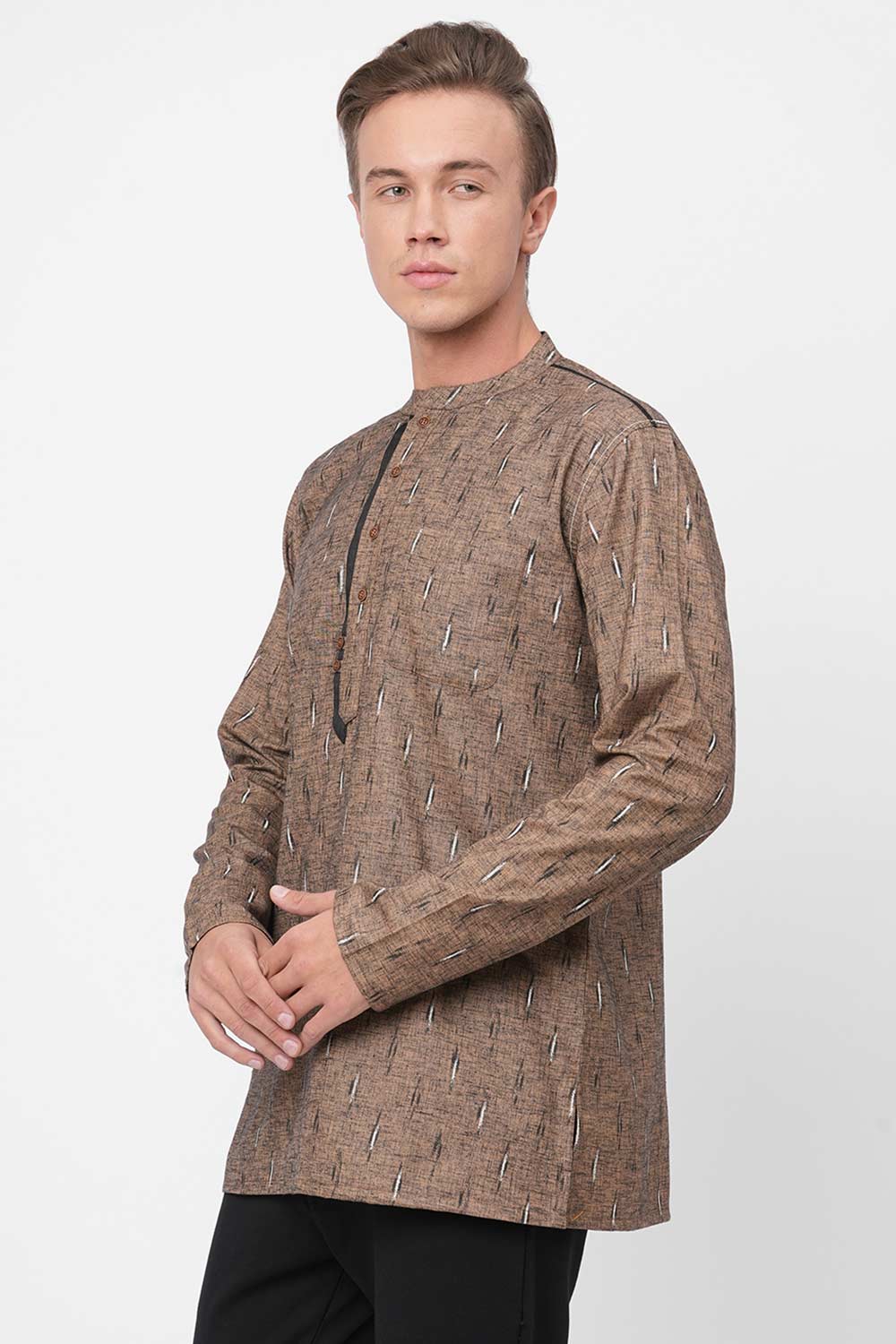 Men's Rust Poly Cotton Woven Short Kurta