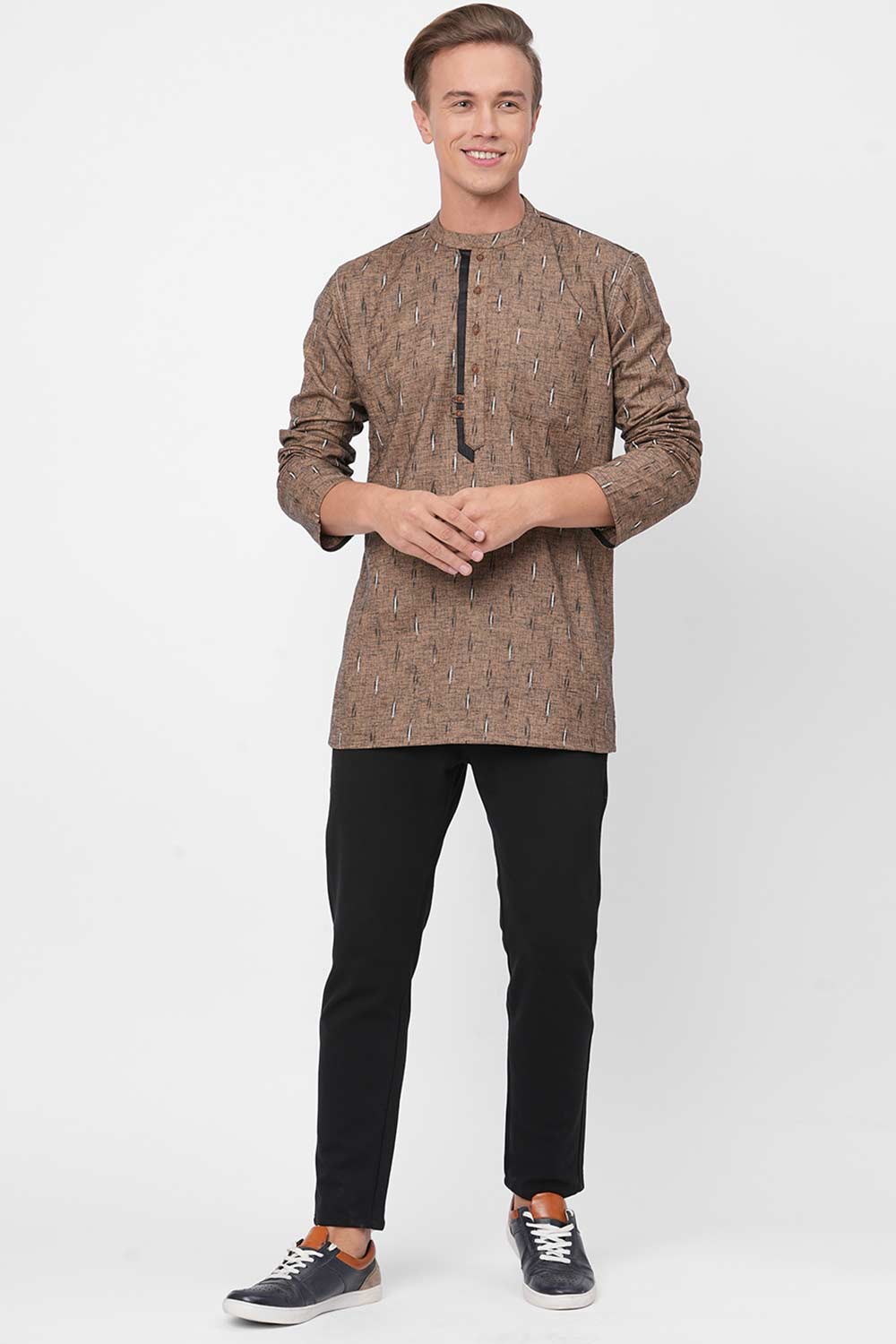 Men's Rust Poly Cotton Woven Short Kurta