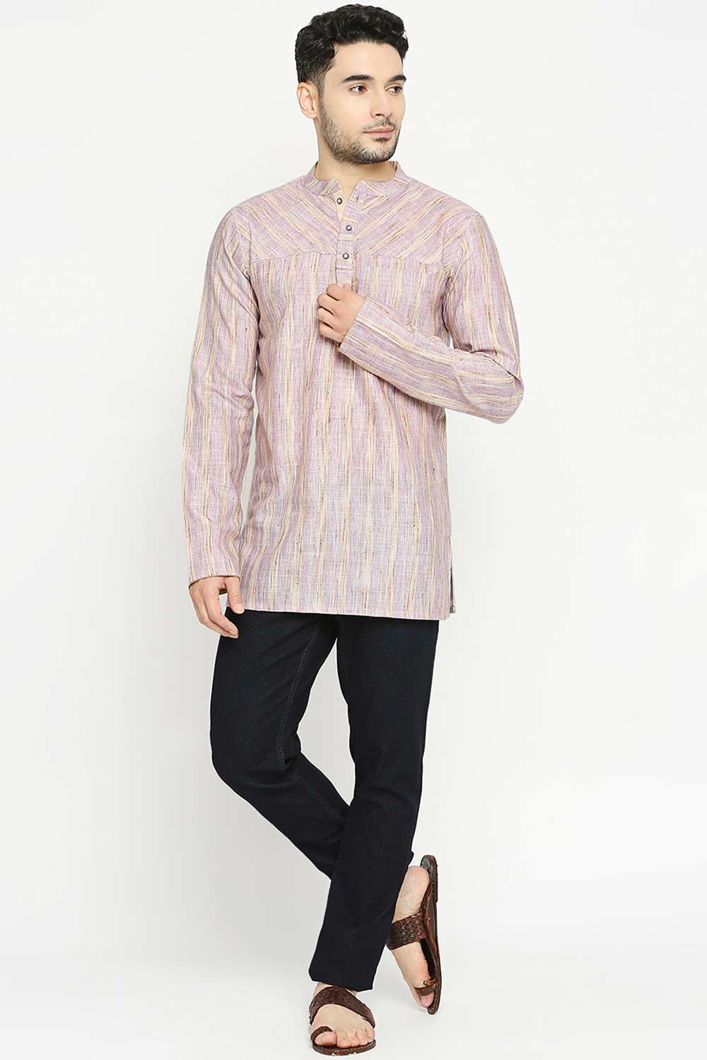 Men's Lilac Khadi Slub Poly Cotton Yoke Pattern Short Kurta