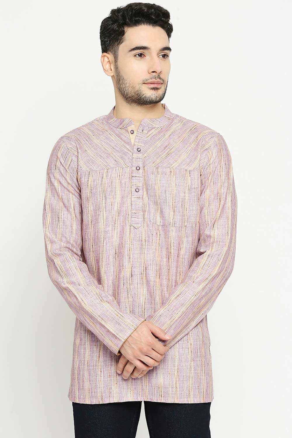 Men's Lilac Khadi Slub Poly Cotton Yoke Pattern Short Kurta