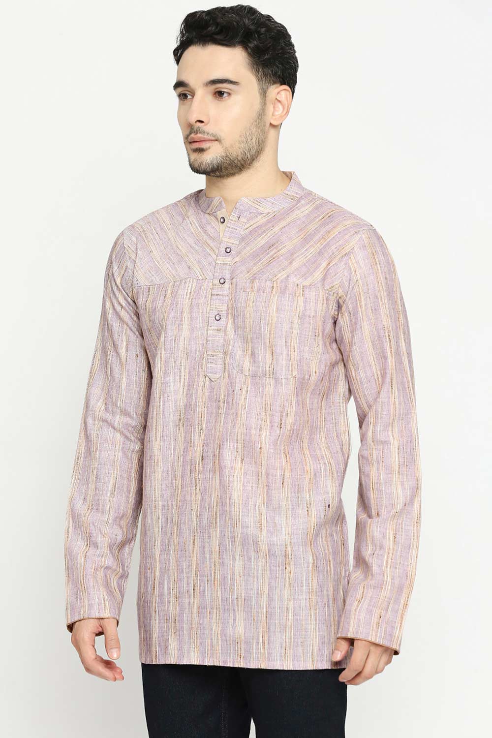 Men's Lilac Khadi Slub Poly Cotton Yoke Pattern Short Kurta