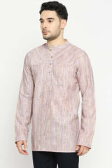 Men's Lilac Khadi Slub Poly Cotton Yoke Pattern Short Kurta