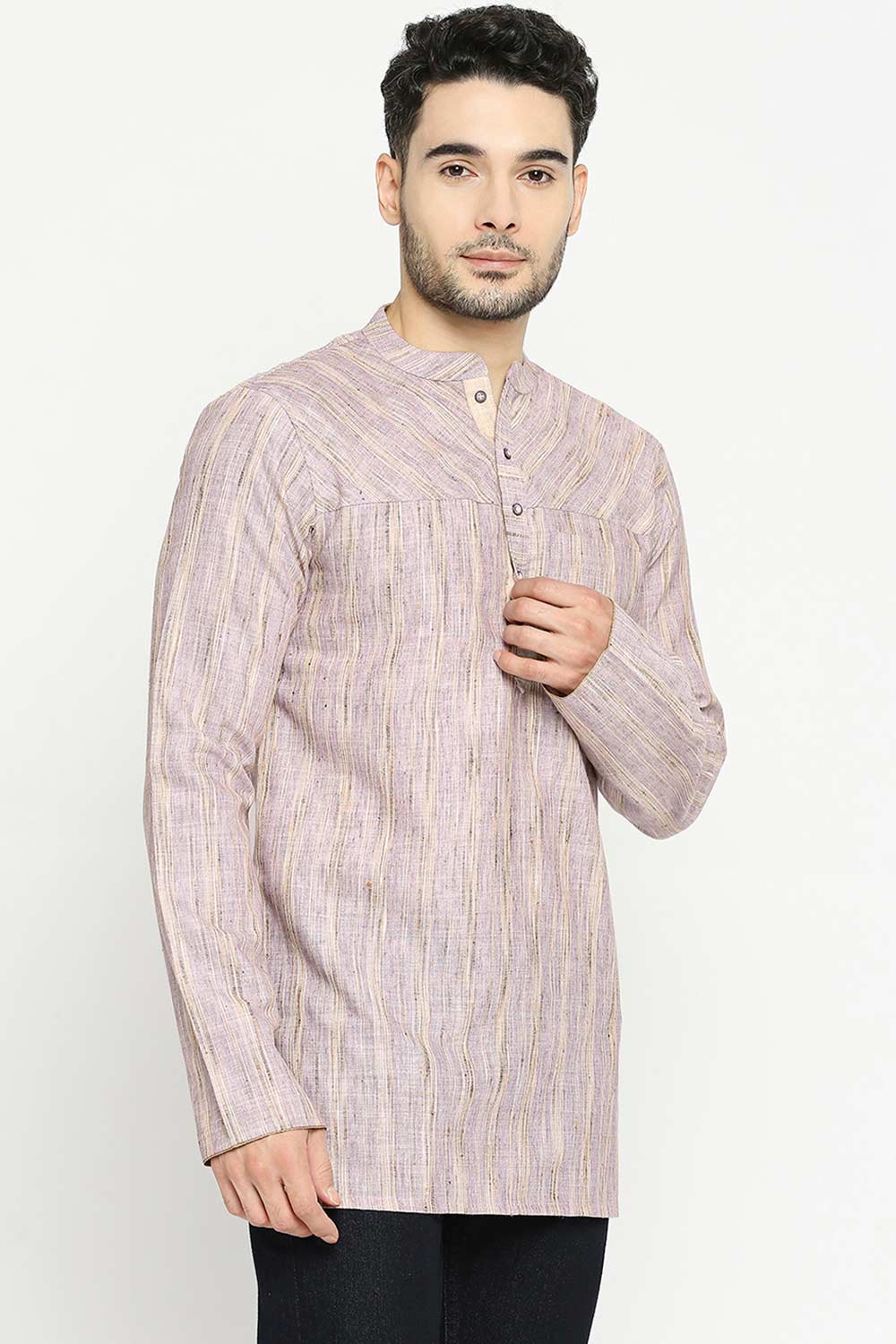 Men's Lilac Khadi Slub Poly Cotton Yoke Pattern Short Kurta