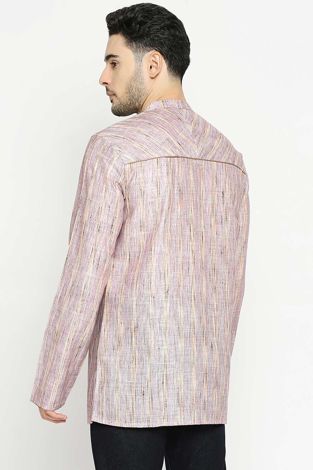 Men's Lilac Khadi Slub Poly Cotton Yoke Pattern Short Kurta