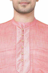 Men's Pink Banarsi Jacquard Yoke Pattern Short Kurta