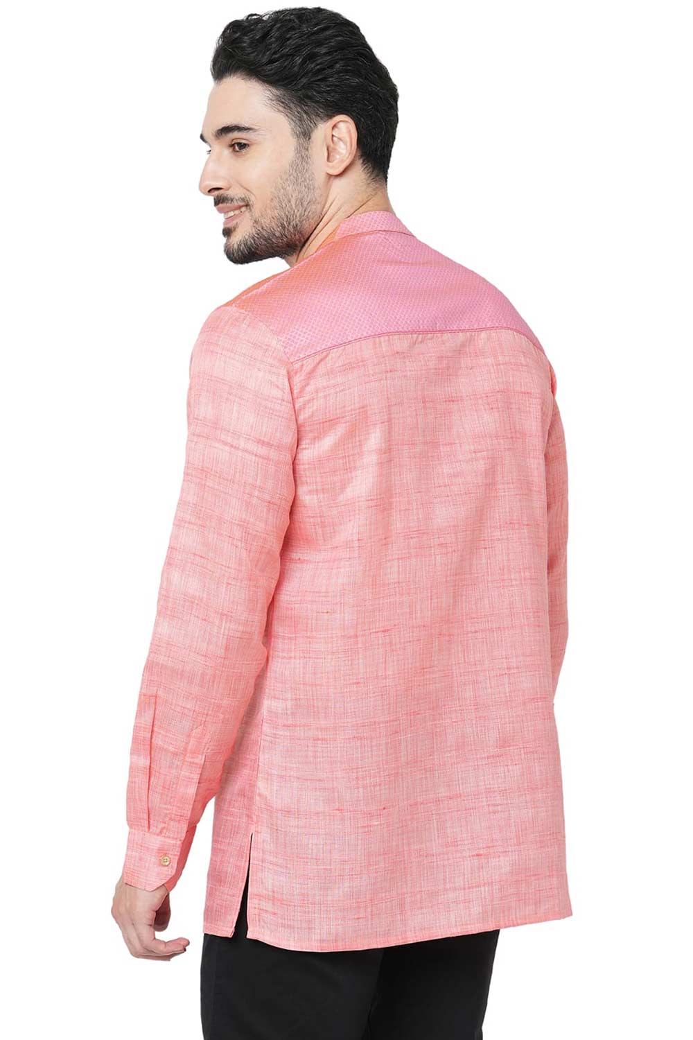 Men's Pink Banarsi Jacquard Yoke Pattern Short Kurta