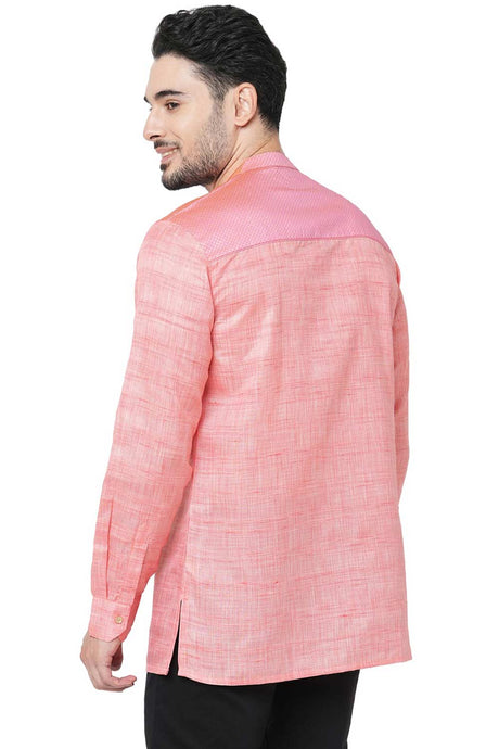 Men's Pink Banarsi Jacquard Yoke Pattern Short Kurta