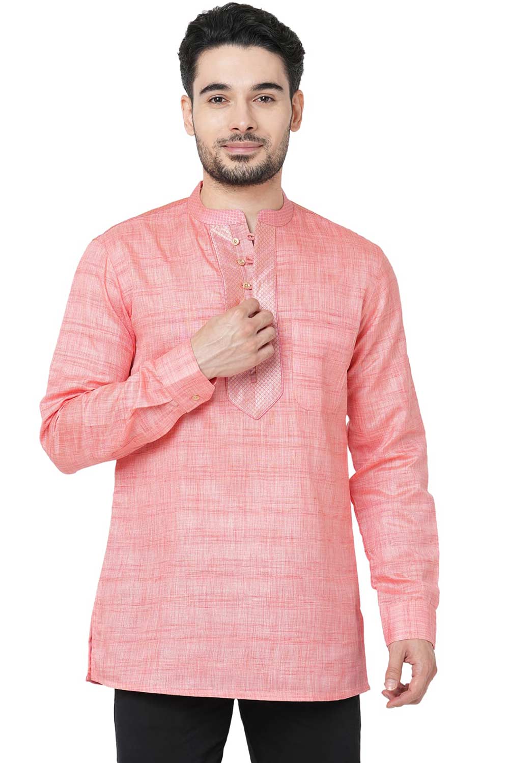 Men's Pink Banarsi Jacquard Yoke Pattern Short Kurta