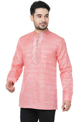 Men's Pink Banarsi Jacquard Yoke Pattern Short Kurta