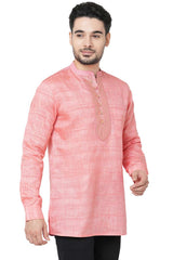 Men's Pink Banarsi Jacquard Yoke Pattern Short Kurta