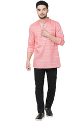 Men's Pink Banarsi Jacquard Yoke Pattern Short Kurta