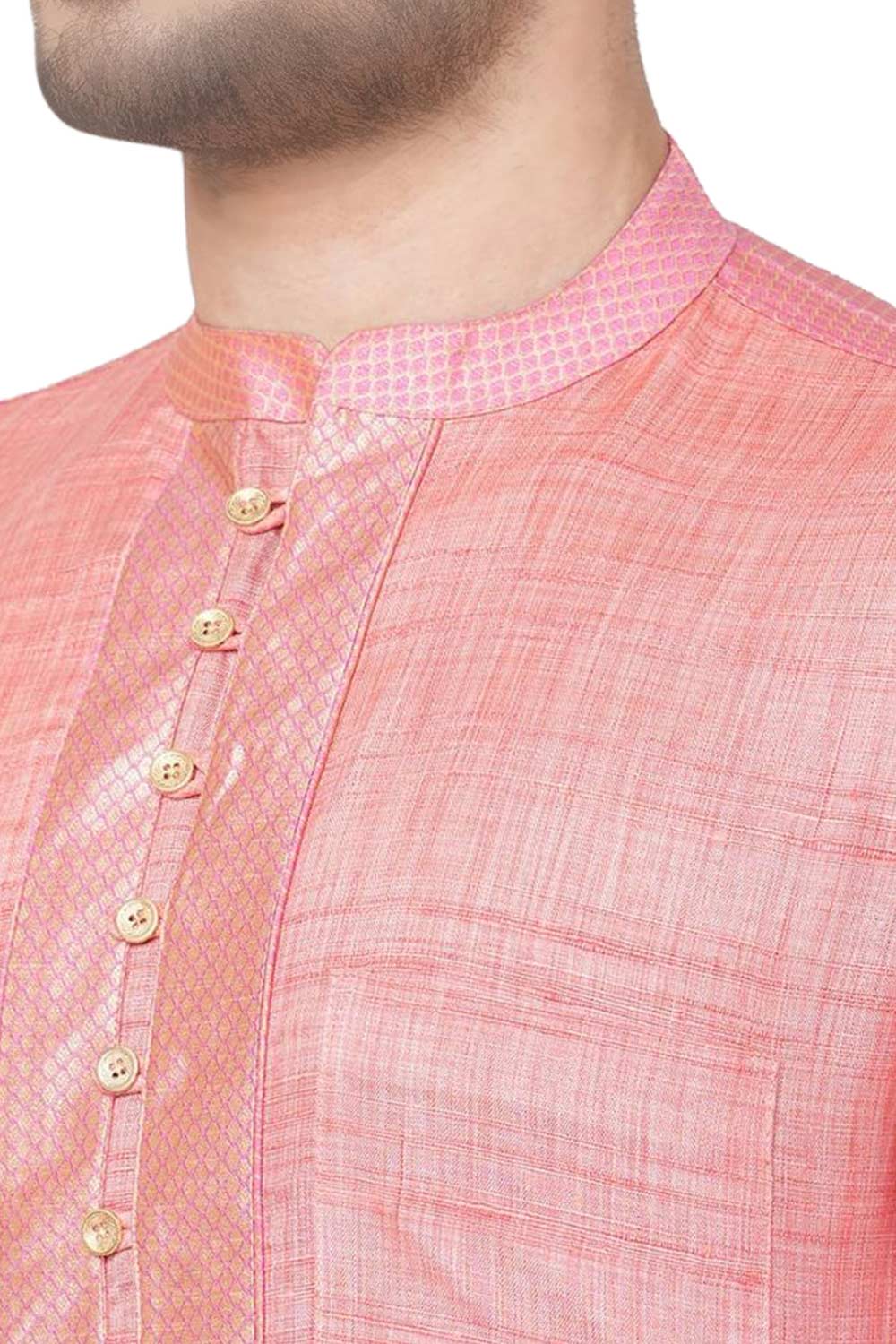 Men's Pink Banarsi Jacquard Yoke Pattern Short Kurta