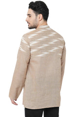 Men's Rust Color Handloom Cotton Half Ikkat Weave Men Short Kurta